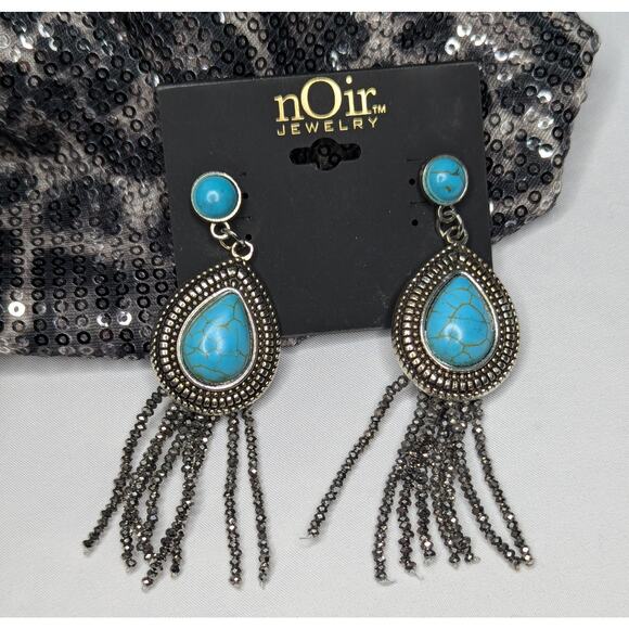 Turquoise Teardrop Dangle Fringe Earrings - Picture 7 of 8